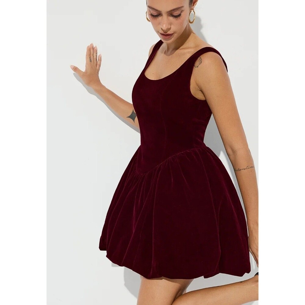 Thirty Thirty Velvet Bubble Hem Mini Dress Sz XL Burgundy Witchy Regencycore